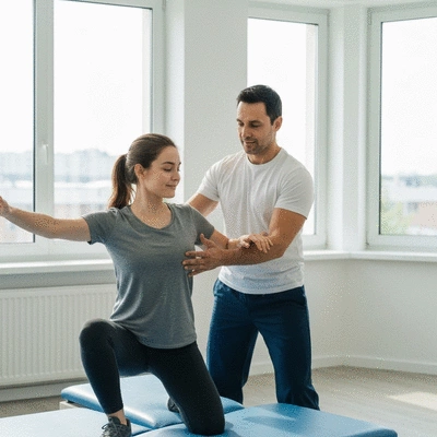 MS patient performing light exercises with a physical therapist