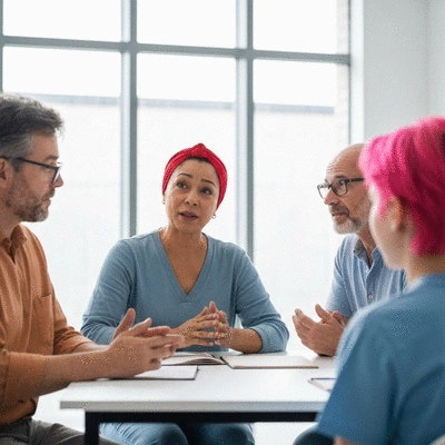 Diverse group of patients sharing their experiences in a support group setting, bright and empathetic atmosphere