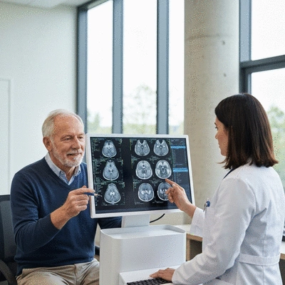 Patient discussing MRI results with a neurologist in a modern clinic setting