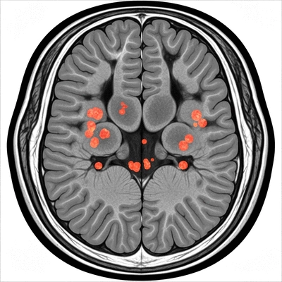 Detailed MRI scan of a brain highlighting MS lesions