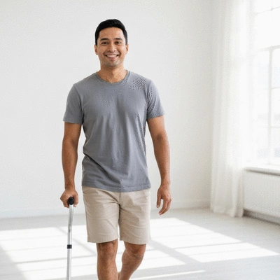 MS patient walking with assistance, demonstrating improved mobility