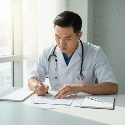 Person organizing medical documents on a desk