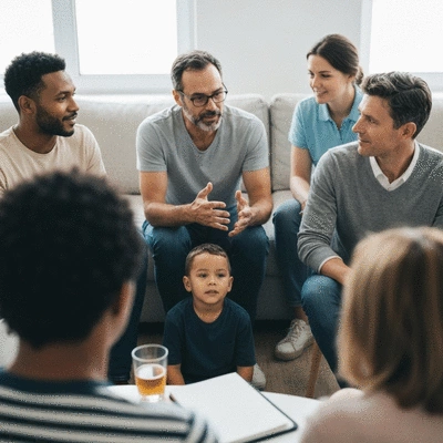 Diverse group of people in a support group setting, sharing experiences