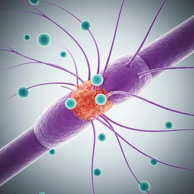 Microscopic view of remyelination process with oligodendrocytes repairing myelin sheath