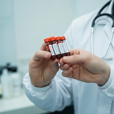 Close-up of blood test vials being held by a medical professional, sterile environment, no text, no words, no typography, clean image