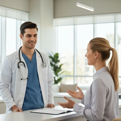 Healthcare provider discussing MS treatment options with a patient, modern clinic setting, professional and empathetic interaction