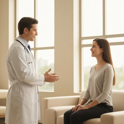 Patient discussing treatment with doctor, modern clinic setting, hopeful atmosphere