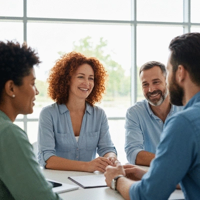 Diverse group of MS patients participating in a support group discussion, showing empathy and connection.