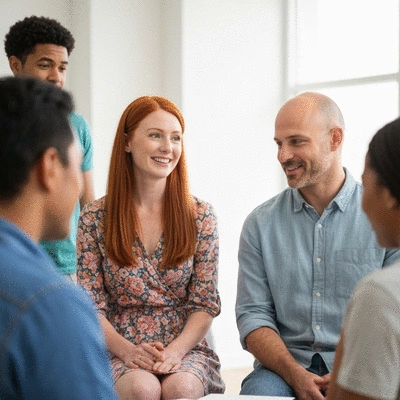 Diverse group of people in a support group setting, engaged and supportive