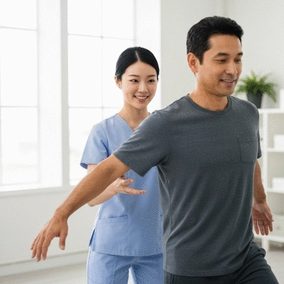 Physical therapist assisting an MS patient with balance exercises.