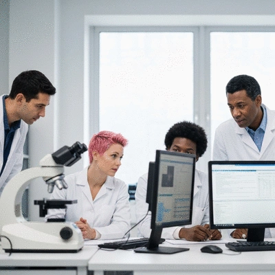 Diverse group of medical researchers discussing data in a lab setting with microscopes and screens, clean image, no text