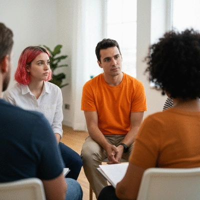 Diverse group of people in a support group setting, listening attentively, no text, no words, no typography