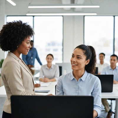 Employee with MS discussing workplace accommodations with a supportive manager in a modern office setting