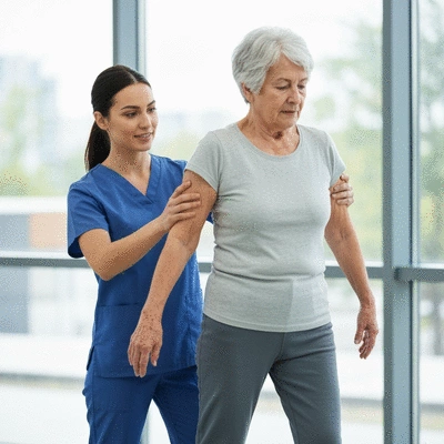 Physical therapist assisting a person with MS with balance exercises, bright, clean, professional setting