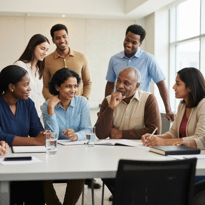 Diverse group of people in a support group meeting