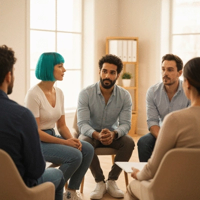 Diverse group of people in a support group meeting, conveying connection and empathy
