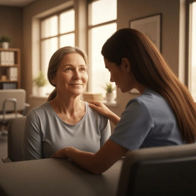 MS patient receiving emotional support from a healthcare professional