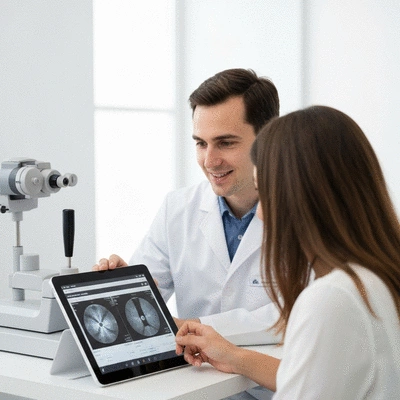Doctor and patient reviewing OCT scan results on a tablet in a modern clinic