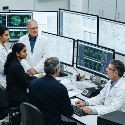 Diverse group of scientists collaborating in a modern lab, discussing research data on screens and whiteboards