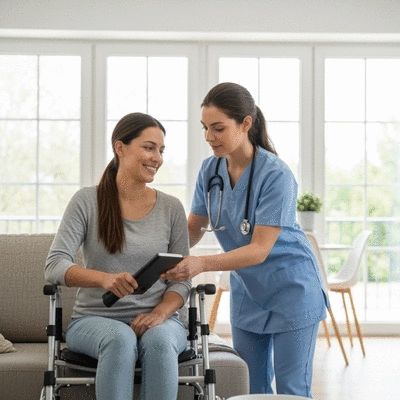 Occupational therapist helping a person with MS with daily living activities in a home setting, bright, clean, natural lighting