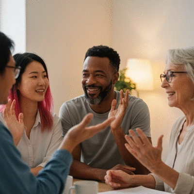 Diverse group of people in an MS support group meeting, engaged and supportive, warm lighting, no text, no words, no typography, clean image