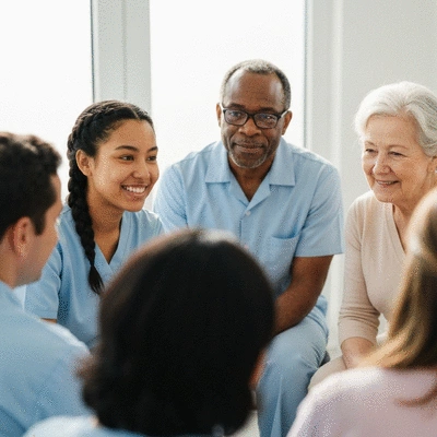 Group of diverse caregivers sitting in a circle, sharing experiences in a supportive setting