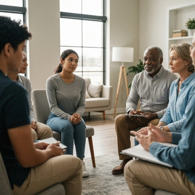 Diverse group of people in a support group discussion, empathetic atmosphere