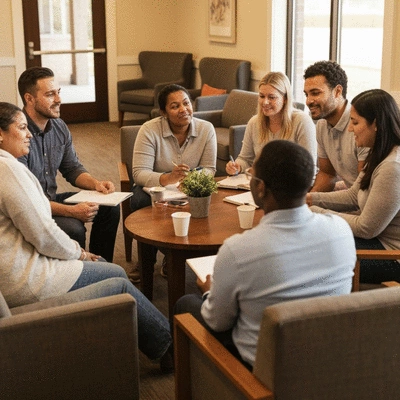 People in a support group meeting, diverse ages, showing empathy and discussion