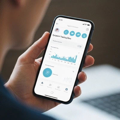 Digital health app interface on a smartphone showing symptom tracking, in a clean, modern style