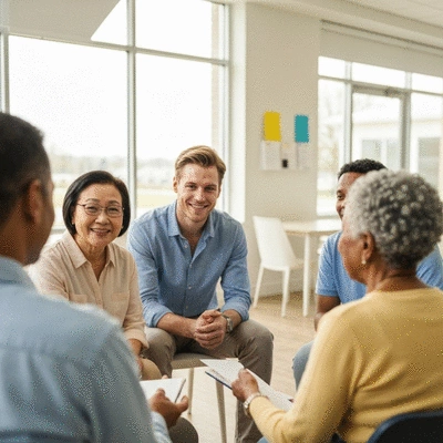 Diverse group of people with MS in a support group meeting, engaged and supportive, in a bright, modern community center