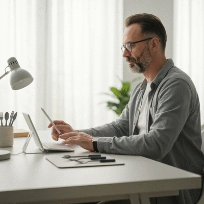 Person with MS using adaptive tools to manage daily tasks at home, bright and clean environment, no text, no words, no typography, clean image