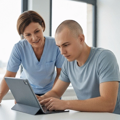 MS patient engaging in cognitive rehabilitation exercises with a therapist, focused and determined
