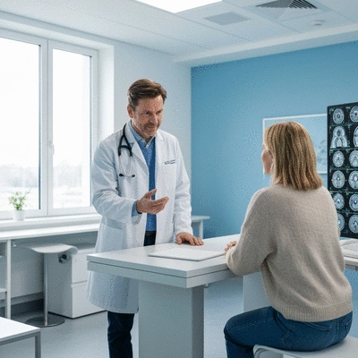 Doctor and patient discussing MRI scans in a modern clinic setting, illustrating early detection of MS