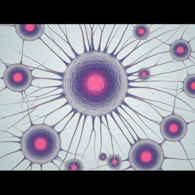 Microscopic view of stem cells with neural connections, representing AHSCT for MS