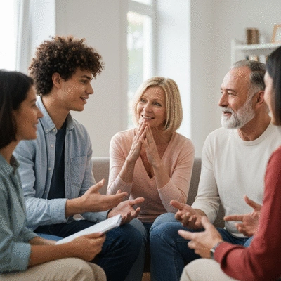 Support group for people with MS, diverse individuals talking and sharing experiences in a supportive environment