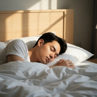 Person sleeping peacefully in a comfortable bed, warm lighting