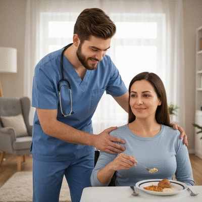 Caregiver assisting a person with MS during mealtime, focusing on comfort and support, no text, no words, no typography