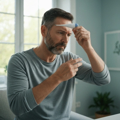 MS patient checking body temperature with a thermometer, looking concerned