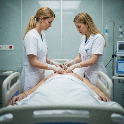 Medical professional performing a lumbar puncture on a patient