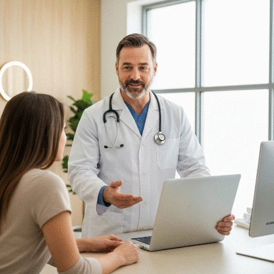 Medical professional explaining financial and logistical aspects of a clinical trial to a patient, clean image, no text