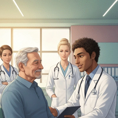 Patient consulting with a doctor, diverse medical team, modern clinic, no text, no words, no typography, clean image