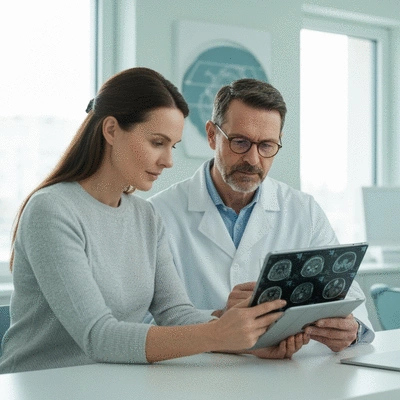 Patient discussing MRI results with a neurologist
