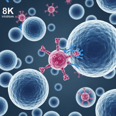 Microscopic view of BTK inhibitors interacting with B cells, high-tech, futuristic medical illustration