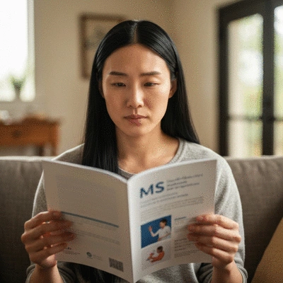 Person reading a health education brochure about MS with a thoughtful expression