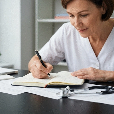 Person writing in a physical symptom diary with a pen, surrounded by medical notes