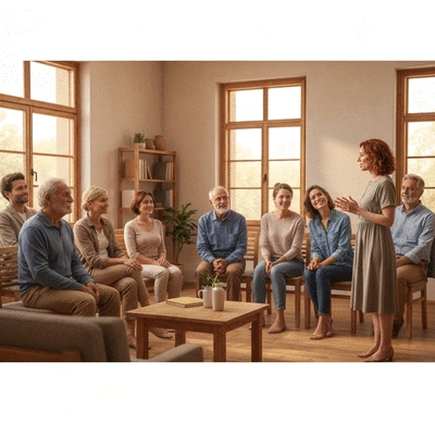 Diverse group of people in a support group setting, listening attentively