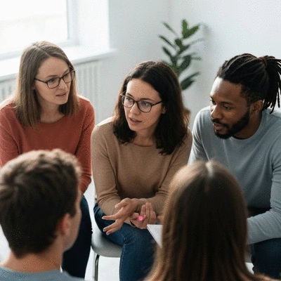 Diverse group of people in an MS support group discussion