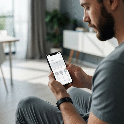 Person using a symptom tracker app on a smartphone, clean, bright setting