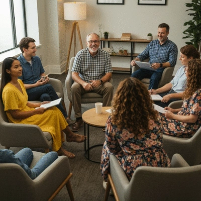 Diverse group of people in a support group meeting, engaged and supportive atmosphere, comfortable modern setting