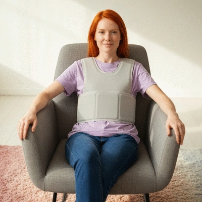 Person wearing a cooling vest in a comfortable indoor setting